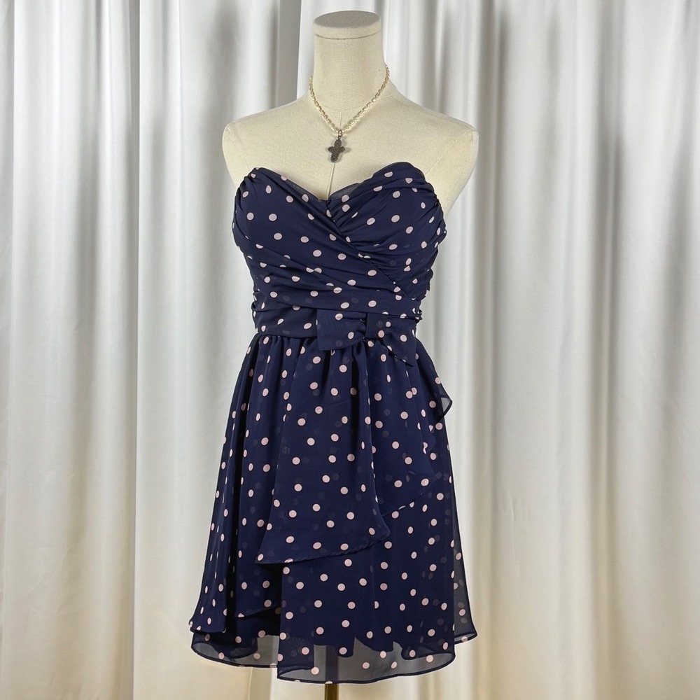 B. Darlin Navy Pink Polka Dot Strapless Mini Dress Sweetheart Bow Size 7/8